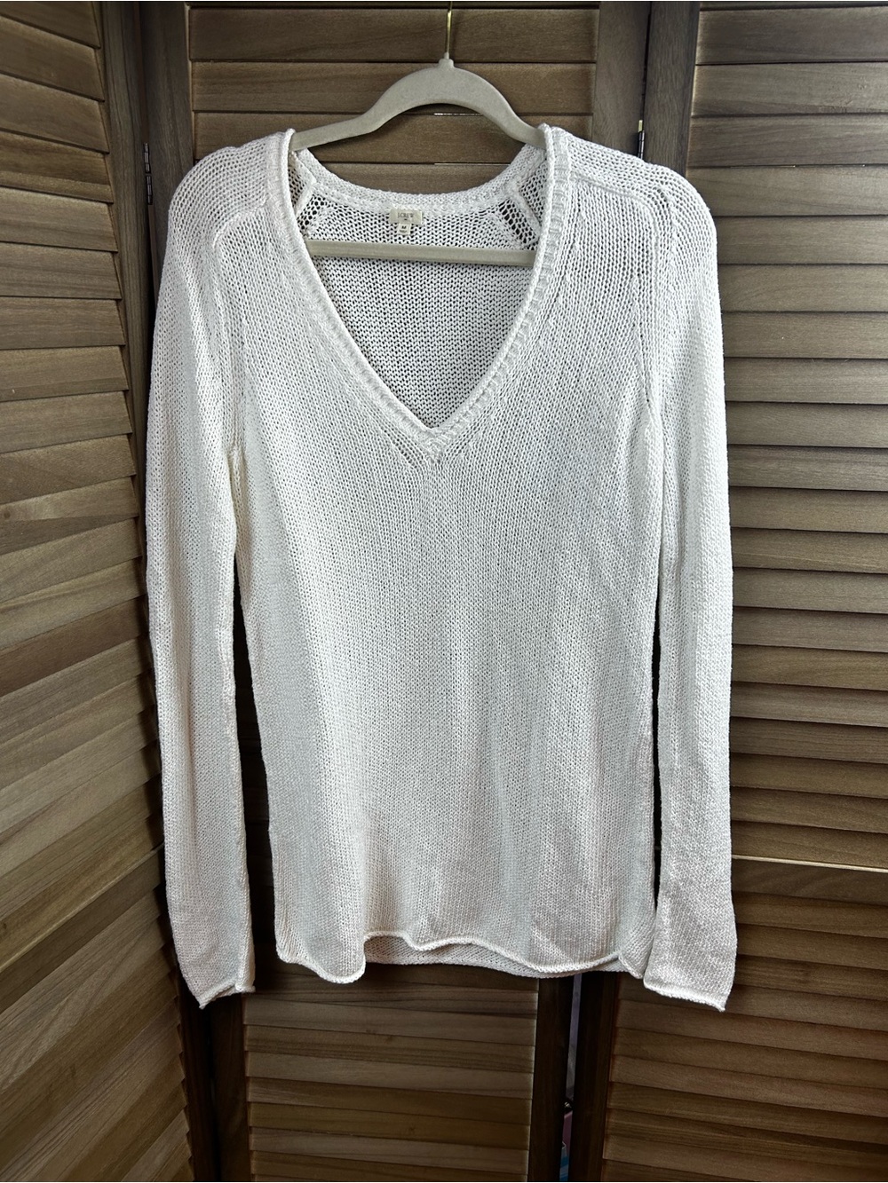 J.Crew White Open Knit Cotton Sweater Tunic V Neck Size M Coastal